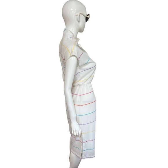 Vintage 1970s Handmade One of a Kind Rainbow Stripe Cinch Waist Polo Midi Dress - Picture 5 of 15